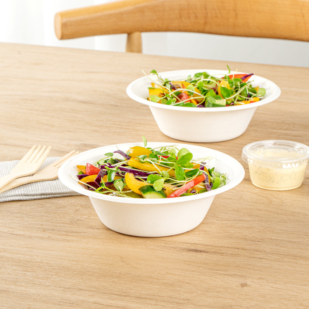 Pulp Safe No PFAS Added 12 oz Round White Sugarcane / Bagasse Bowl - Home Compostable - 6" x 6" x 1 3/4" - 100 count box