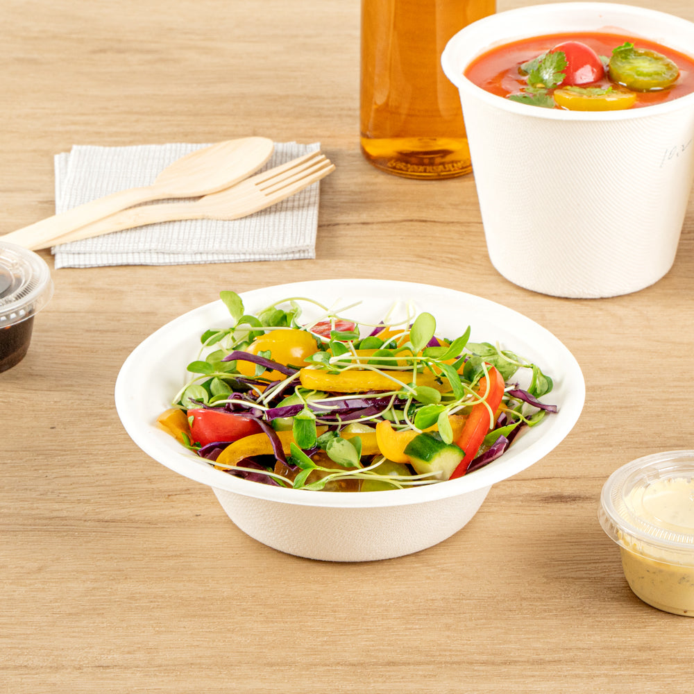 Pulp Safe No PFAS Added 12 oz Round White Sugarcane / Bagasse Bowl - Home Compostable - 6" x 6" x 1 3/4" - 100 count box