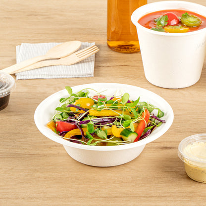 Pulp Safe No PFAS Added 12 oz Round White Sugarcane / Bagasse Bowl - Home Compostable - 6" x 6" x 1 3/4" - 100 count box