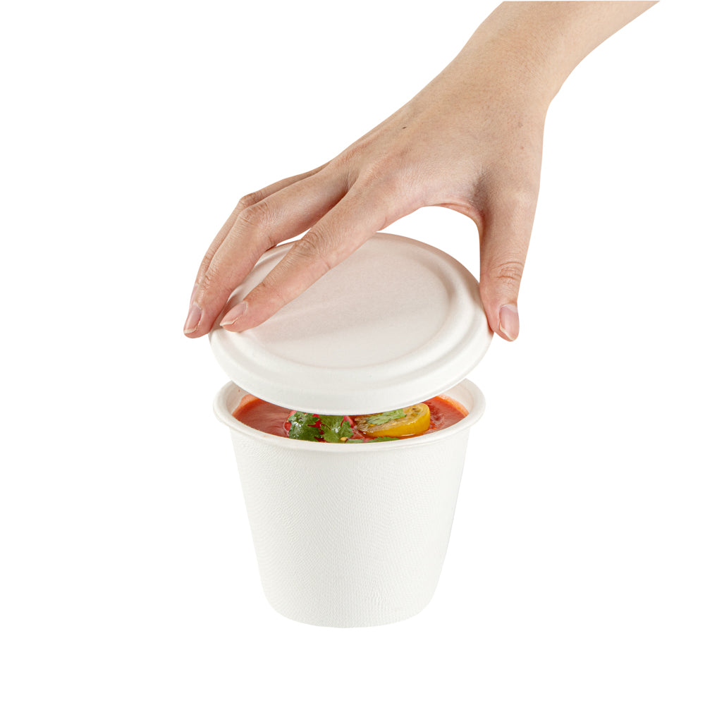 Pulp Safe No PFAS Added Round White Sugarcane / Bagasse Lid - Home Compostable, Fits 15 oz Soup Cup - 100 count box