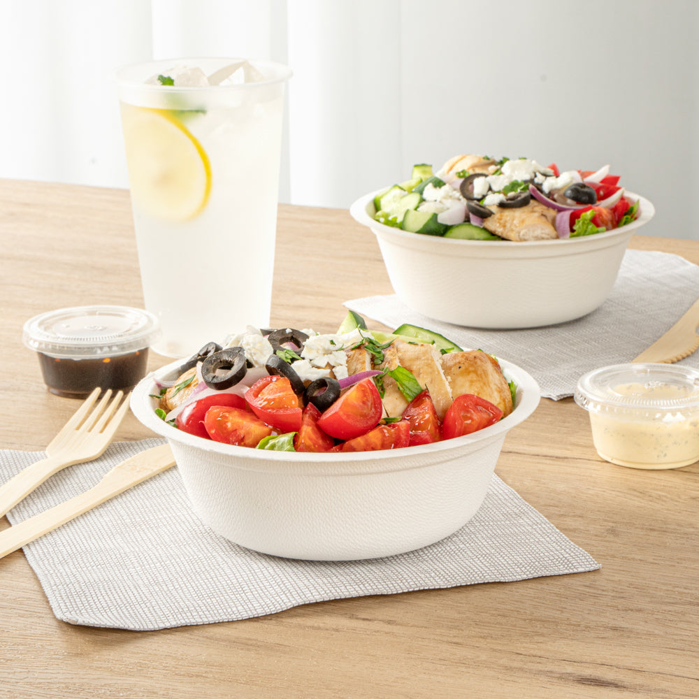Pulp Safe No PFAS Added 18 oz Round White Sugarcane / Bagasse Salad Bowl - Home Compostable - 6 1/4" x 6 1/4" x 1 3/4" - 100 count box