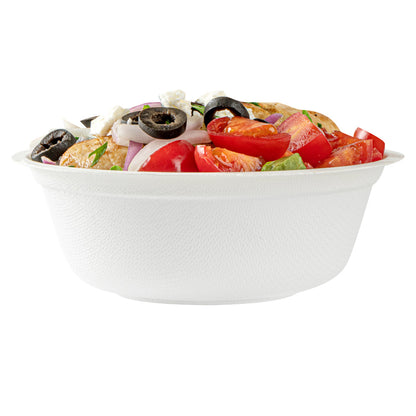Pulp Safe No PFAS Added 18 oz Round White Sugarcane / Bagasse Salad Bowl - Home Compostable - 6 1/4" x 6 1/4" x 1 3/4" - 100 count box