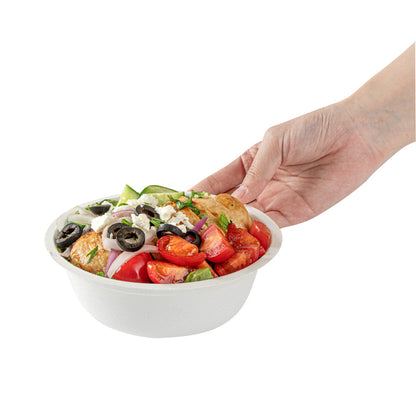 Pulp Safe No PFAS Added 18 oz Round White Sugarcane / Bagasse Salad Bowl - Home Compostable - 6 1/4" x 6 1/4" x 1 3/4" - 100 count box