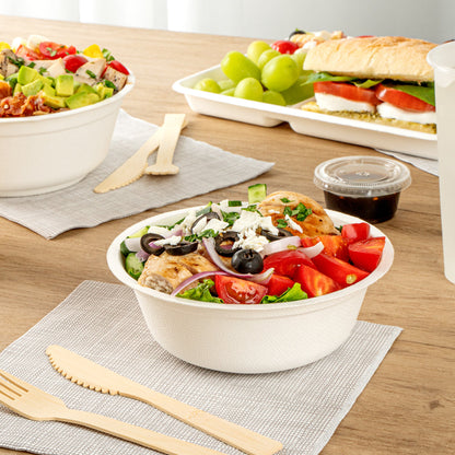 Pulp Safe No PFAS Added 18 oz Round White Sugarcane / Bagasse Salad Bowl - Home Compostable - 6 1/4" x 6 1/4" x 1 3/4" - 100 count box