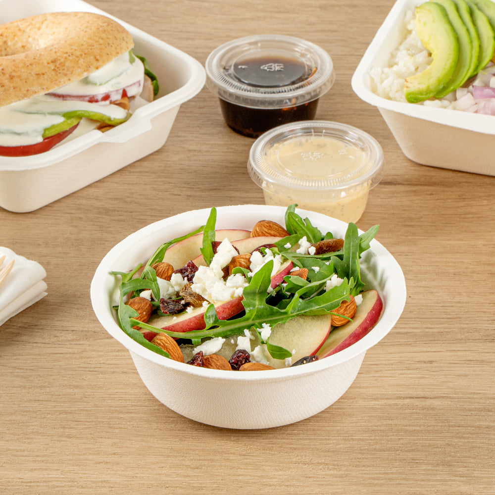 Pulp Safe No PFAS Added 12 oz Round White Sugarcane / Bagasse Salad Bowl - Home Compostable - 5 1/4" x 5 1/4" x 1 3/4" - 100 count box