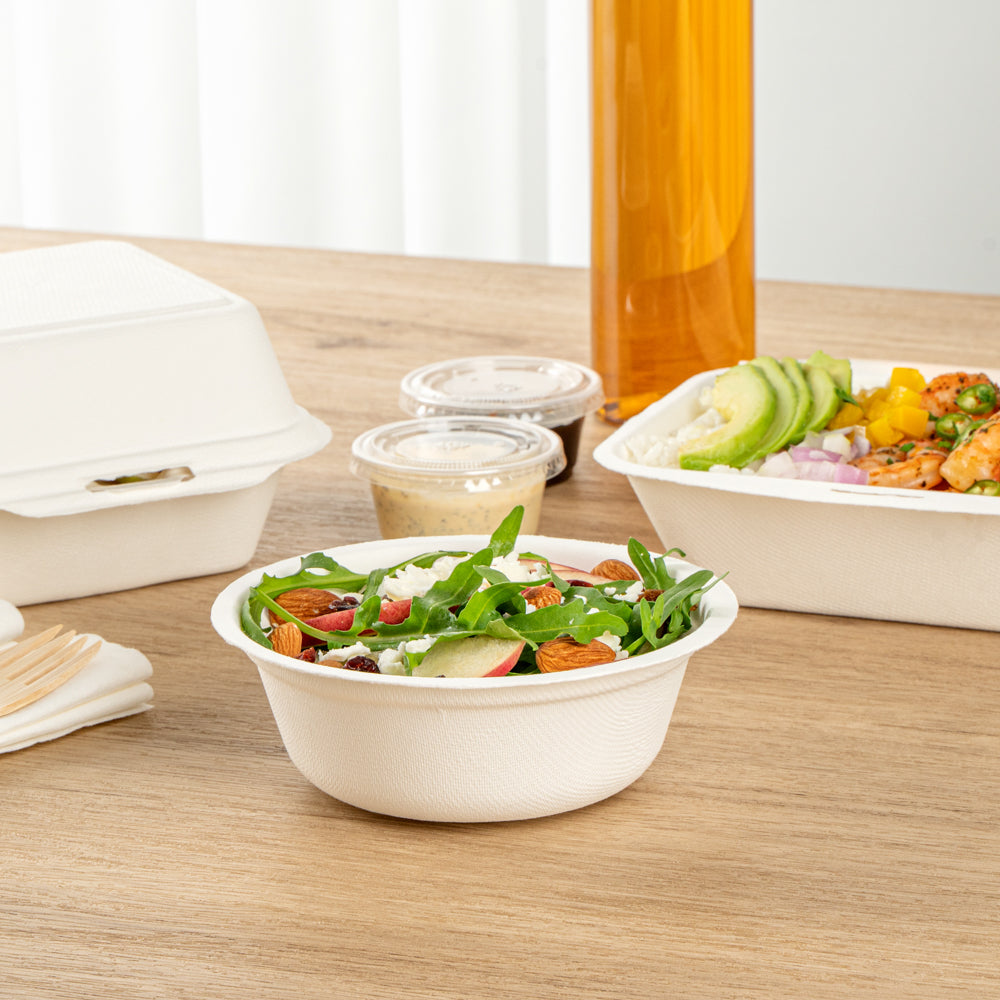Pulp Safe No PFAS Added 12 oz Round White Sugarcane / Bagasse Salad Bowl - Home Compostable - 5 1/4" x 5 1/4" x 1 3/4" - 100 count box