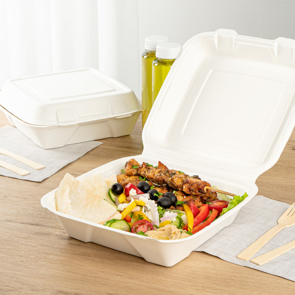 Pulp Safe No PFAS Added 32 oz White Sugarcane / Bagasse Clamshell Container - Home Compostable - 9 1/4" x 9 1/4" x 3 1/4" - 100 count box