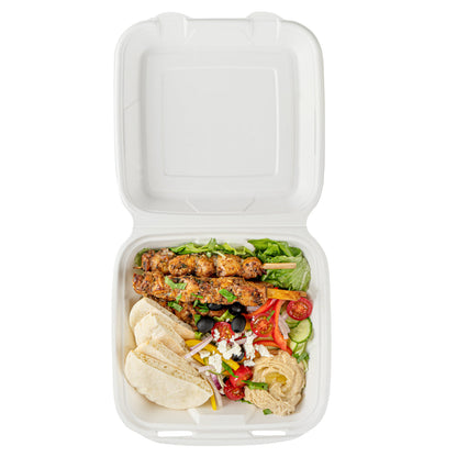 Pulp Safe No PFAS Added 32 oz White Sugarcane / Bagasse Clamshell Container - Home Compostable - 9 1/4" x 9 1/4" x 3 1/4" - 100 count box