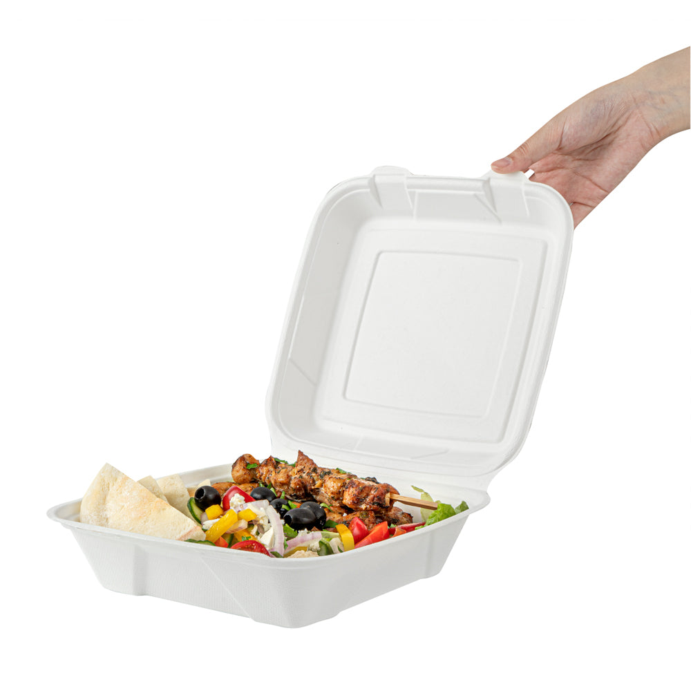 Pulp Safe No PFAS Added 32 oz White Sugarcane / Bagasse Clamshell Container - Home Compostable - 9 1/4" x 9 1/4" x 3 1/4" - 100 count box
