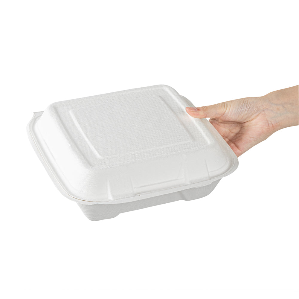 Pulp Safe No PFAS Added 32 oz White Sugarcane / Bagasse Clamshell Container - Home Compostable - 9 1/4" x 9 1/4" x 3 1/4" - 100 count box