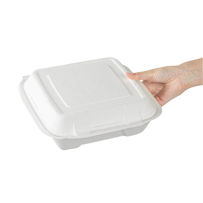 Pulp Safe No PFAS Added 32 oz White Sugarcane / Bagasse Clamshell Container - Home Compostable - 9 1/4" x 9 1/4" x 3 1/4" - 100 count box