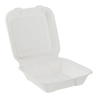 Pulp Safe No PFAS Added 32 oz White Sugarcane / Bagasse Clamshell Container - Home Compostable - 9 1/4" x 9 1/4" x 3 1/4" - 100 count box