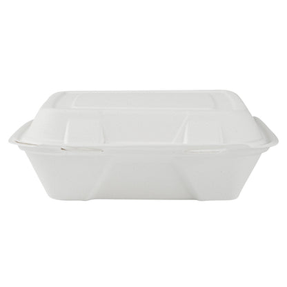 Pulp Safe No PFAS Added 32 oz White Sugarcane / Bagasse Clamshell Container - Home Compostable - 9 1/4" x 9 1/4" x 3 1/4" - 100 count box