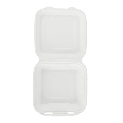 Pulp Safe No PFAS Added 32 oz White Sugarcane / Bagasse Clamshell Container - Home Compostable - 9 1/4" x 9 1/4" x 3 1/4" - 100 count box