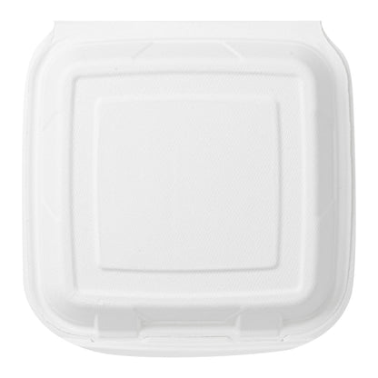 Pulp Safe No PFAS Added 32 oz White Sugarcane / Bagasse Clamshell Container - Home Compostable - 9 1/4" x 9 1/4" x 3 1/4" - 100 count box
