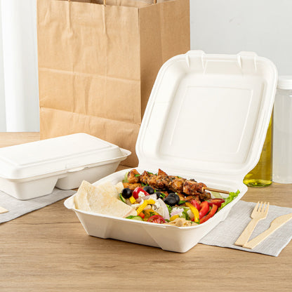 Pulp Safe No PFAS Added 32 oz White Sugarcane / Bagasse Clamshell Container - Home Compostable - 9 1/4" x 9 1/4" x 3 1/4" - 100 count box