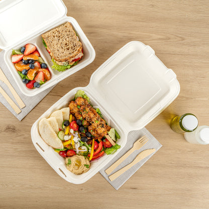 Pulp Safe No PFAS Added 32 oz White Sugarcane / Bagasse Clamshell Container - Home Compostable - 9 1/4" x 9 1/4" x 3 1/4" - 100 count box