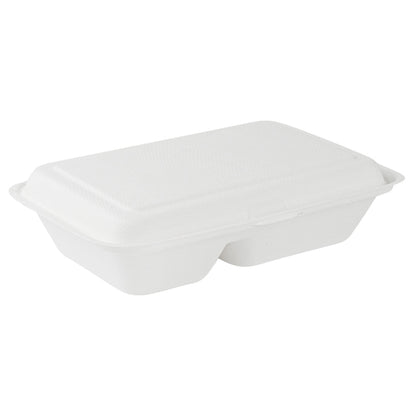 Pulp Safe No PFAS Added 34 oz Sugarcane / Bagasse Clamshell Container - Home Compostable, 2-Compartment - 9 1/2" x 6 1/4" - 100 count box