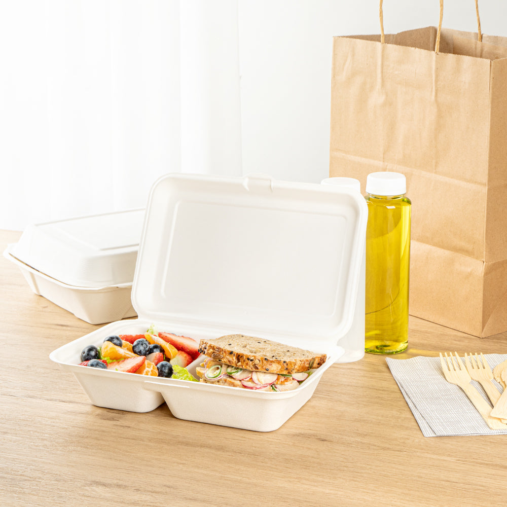 Pulp Safe No PFAS Added 34 oz Sugarcane / Bagasse Clamshell Container - Home Compostable, 2-Compartment - 9 1/2" x 6 1/4" - 100 count box