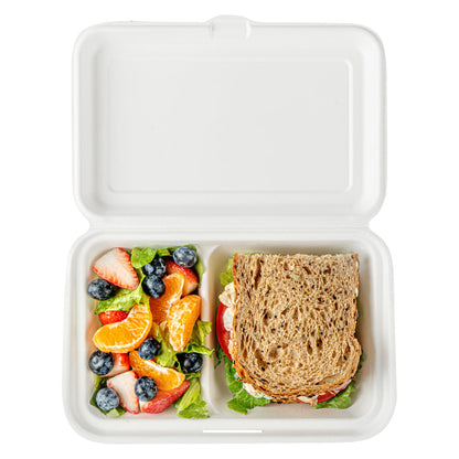 Pulp Safe No PFAS Added 34 oz Sugarcane / Bagasse Clamshell Container - Home Compostable, 2-Compartment - 9 1/2" x 6 1/4" - 100 count box