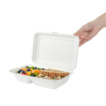 Pulp Safe No PFAS Added 34 oz Sugarcane / Bagasse Clamshell Container - Home Compostable, 2-Compartment - 9 1/2" x 6 1/4" - 100 count box
