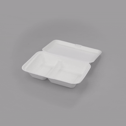 Pulp Safe No PFAS Added 34 oz Sugarcane / Bagasse Clamshell Container - Home Compostable, 2-Compartment - 9 1/2" x 6 1/4" - 100 count box