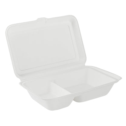 Pulp Safe No PFAS Added 34 oz Sugarcane / Bagasse Clamshell Container - Home Compostable, 2-Compartment - 9 1/2" x 6 1/4" - 100 count box