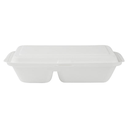 Pulp Safe No PFAS Added 34 oz Sugarcane / Bagasse Clamshell Container - Home Compostable, 2-Compartment - 9 1/2" x 6 1/4" - 100 count box