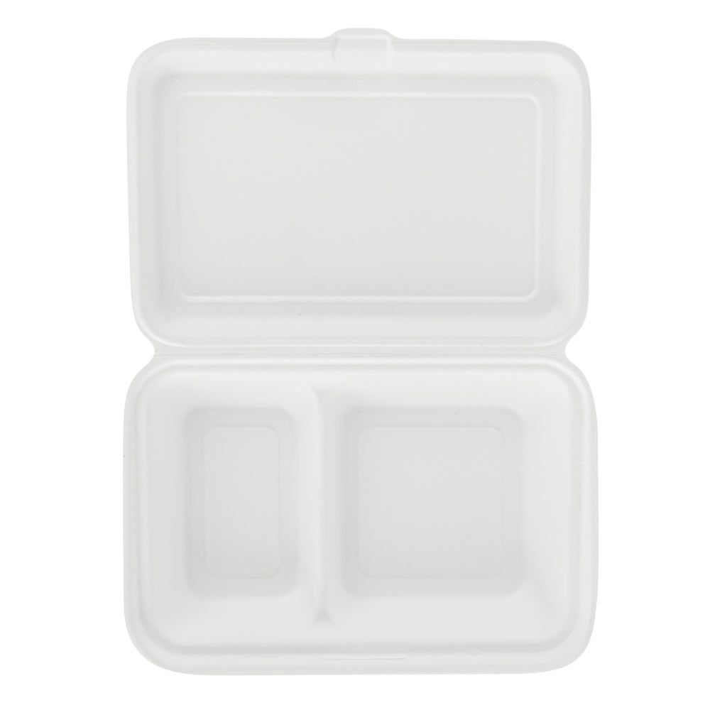 Pulp Safe No PFAS Added 34 oz Sugarcane / Bagasse Clamshell Container - Home Compostable, 2-Compartment - 9 1/2" x 6 1/4" - 100 count box