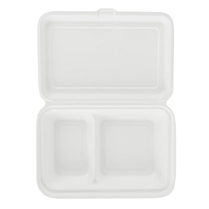 Pulp Safe No PFAS Added 34 oz Sugarcane / Bagasse Clamshell Container - Home Compostable, 2-Compartment - 9 1/2" x 6 1/4" - 100 count box