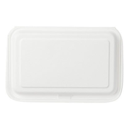 Pulp Safe No PFAS Added 34 oz Sugarcane / Bagasse Clamshell Container - Home Compostable, 2-Compartment - 9 1/2" x 6 1/4" - 100 count box