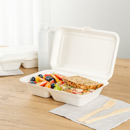 Pulp Safe No PFAS Added 34 oz Sugarcane / Bagasse Clamshell Container - Home Compostable, 2-Compartment - 9 1/2" x 6 1/4" - 100 count box
