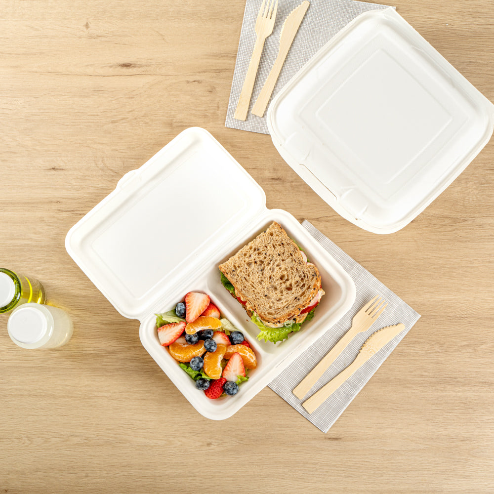 Pulp Safe No PFAS Added 34 oz Sugarcane / Bagasse Clamshell Container - Home Compostable, 2-Compartment - 9 1/2" x 6 1/4" - 100 count box
