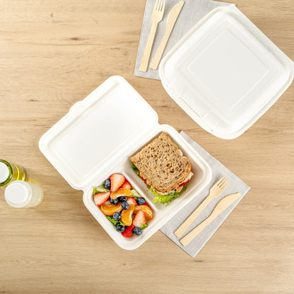 Pulp Safe No PFAS Added 34 oz Sugarcane / Bagasse Clamshell Container - Home Compostable, 2-Compartment - 9 1/2" x 6 1/4" - 100 count box