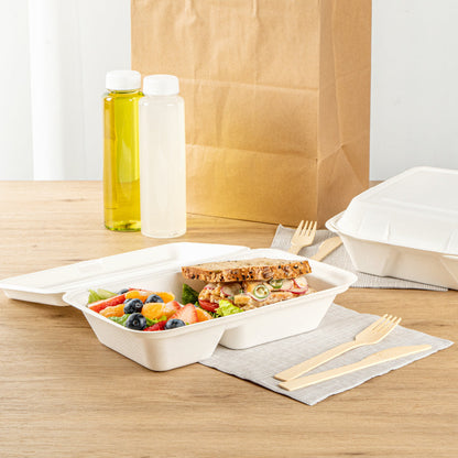 Pulp Safe No PFAS Added 34 oz Sugarcane / Bagasse Clamshell Container - Home Compostable, 2-Compartment - 9 1/2" x 6 1/4" - 100 count box