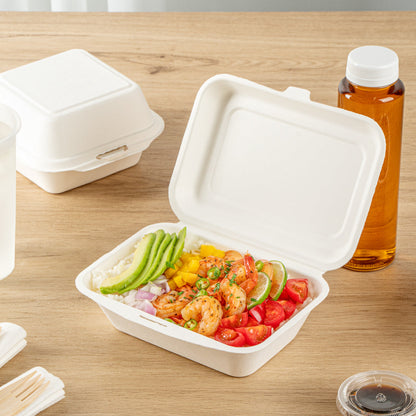 Pulp Safe No PFAS Added 20 oz White Sugarcane / Bagasse Clamshell Container - Home Compostable - 7 1/4" x 5 1/2" x 2 1/2" - 100 count box