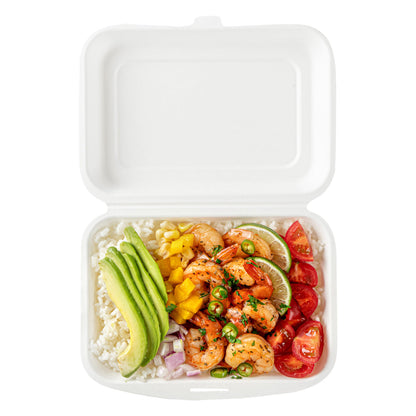 Pulp Safe No PFAS Added 20 oz White Sugarcane / Bagasse Clamshell Container - Home Compostable - 7 1/4" x 5 1/2" x 2 1/2" - 100 count box