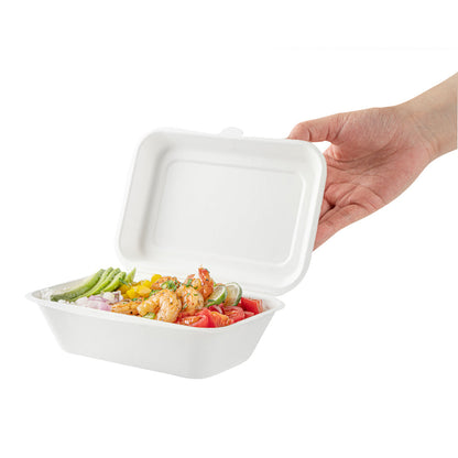 Pulp Safe No PFAS Added 20 oz White Sugarcane / Bagasse Clamshell Container - Home Compostable - 7 1/4" x 5 1/2" x 2 1/2" - 100 count box