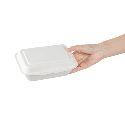 Pulp Safe No PFAS Added 20 oz White Sugarcane / Bagasse Clamshell Container - Home Compostable - 7 1/4" x 5 1/2" x 2 1/2" - 100 count box