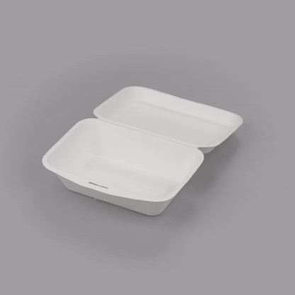 Pulp Safe No PFAS Added 20 oz White Sugarcane / Bagasse Clamshell Container - Home Compostable - 7 1/4" x 5 1/2" x 2 1/2" - 100 count box