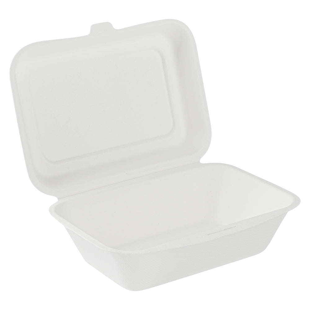 Pulp Safe No PFAS Added 20 oz White Sugarcane / Bagasse Clamshell Container - Home Compostable - 7 1/4" x 5 1/2" x 2 1/2" - 100 count box