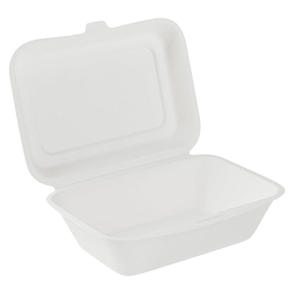 Pulp Safe No PFAS Added 20 oz White Sugarcane / Bagasse Clamshell Container - Home Compostable - 7 1/4" x 5 1/2" x 2 1/2" - 100 count box