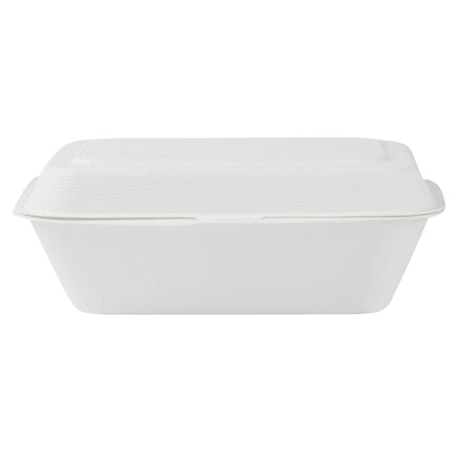 Pulp Safe No PFAS Added 20 oz White Sugarcane / Bagasse Clamshell Container - Home Compostable - 7 1/4" x 5 1/2" x 2 1/2" - 100 count box
