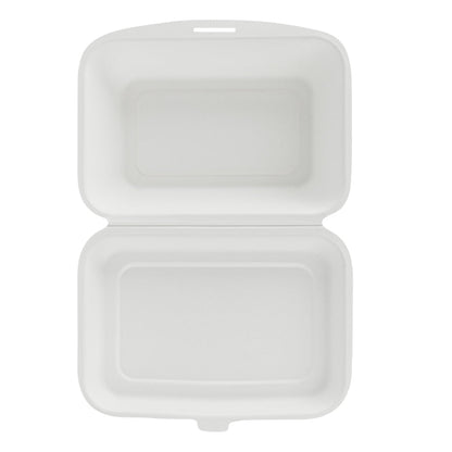 Pulp Safe No PFAS Added 20 oz White Sugarcane / Bagasse Clamshell Container - Home Compostable - 7 1/4" x 5 1/2" x 2 1/2" - 100 count box