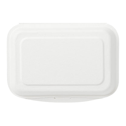 Pulp Safe No PFAS Added 20 oz White Sugarcane / Bagasse Clamshell Container - Home Compostable - 7 1/4" x 5 1/2" x 2 1/2" - 100 count box