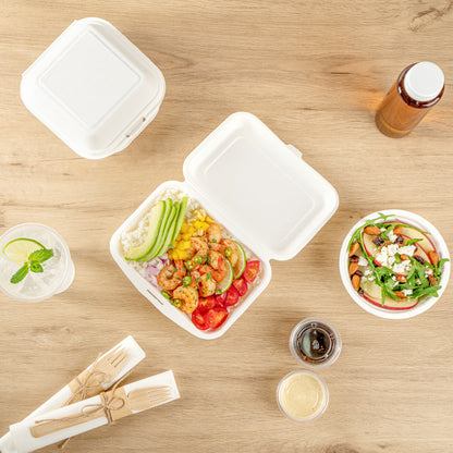 Pulp Safe No PFAS Added 20 oz White Sugarcane / Bagasse Clamshell Container - Home Compostable - 7 1/4" x 5 1/2" x 2 1/2" - 100 count box