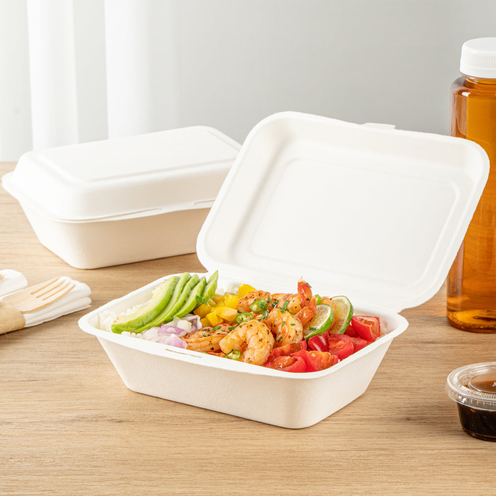 Pulp Safe No PFAS Added 20 oz White Sugarcane / Bagasse Clamshell Container - Home Compostable - 7 1/4" x 5 1/2" x 2 1/2" - 100 count box