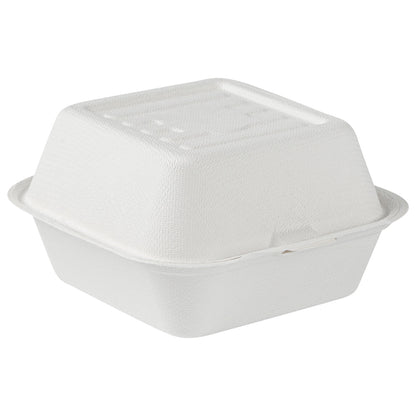 Pulp Safe No PFAS Added 15 oz Square White Sugarcane / Bagasse Clamshell Container - Home Compostable - 6" x 6" x 3" - 100 count box