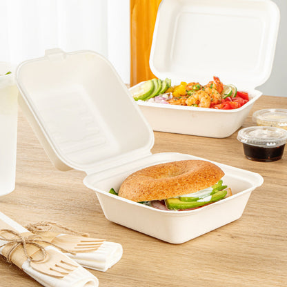 Pulp Safe No PFAS Added 15 oz Square White Sugarcane / Bagasse Clamshell Container - Home Compostable - 6" x 6" x 3" - 100 count box