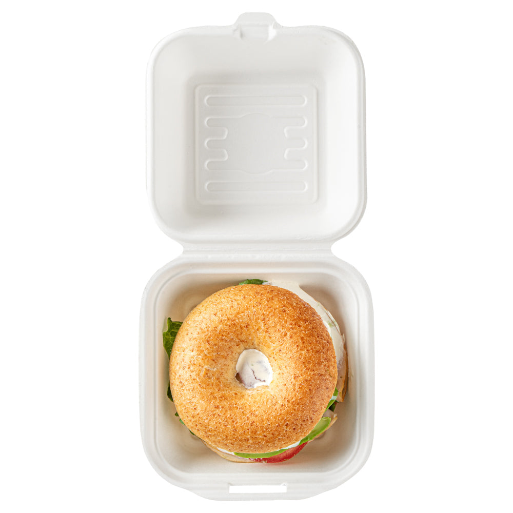 Pulp Safe No PFAS Added 15 oz Square White Sugarcane / Bagasse Clamshell Container - Home Compostable - 6" x 6" x 3" - 100 count box